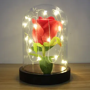 

Rose Flower in Glass Bottle Eternal Flower Glass Cover Mother's Day Gold Leaf Rose Transparent Night Light Gift