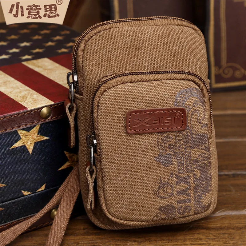

Wear Leather Belt Men Phone Bag Canvas Mini Multi-functional Chest Bag