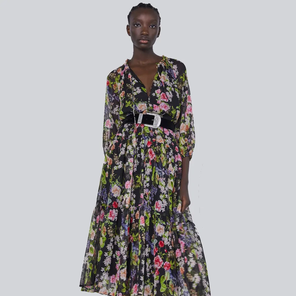 ZA Новое разноцветное модное платье с принтом женская одежда Boho Свободное платье с v-образным вырезом Вечерние подарки
