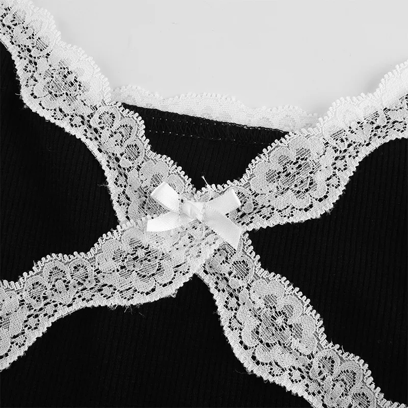 ALLNeon E-girl Y2K Spaghetti Strap V-neck Black Camis Dresses 90s Vintage Chic Criss-cross with Lace Ribbed Mini Party Dress