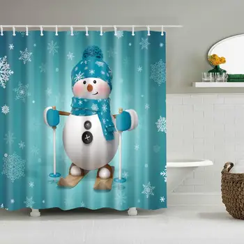 

Waterproof Thicken Winter Christmas Snowman Blue Bathroom Polyester Mildew Proof Bath Tub Shower Curtain with 12 pcs Hooks