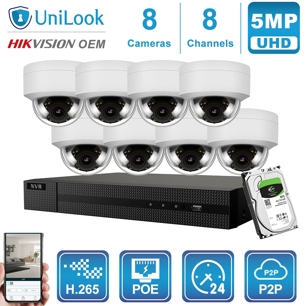 UniLook 8CH NVR 4/6/8 шт белый 5MP купольная POE IP камера комплект CCTV система безопасности