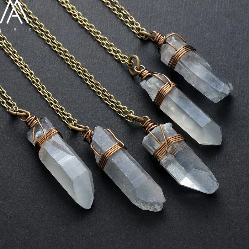 Titanium AB Natural White Quartz Irregular Point Pendant Gold Chains Necklace For Women Quartz Crystal Beads Adjustable Necklace
