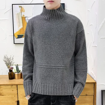 

Winter New High Collar Sweater Men Warm Fashion Solid Color Casual Knit Pullover Man Streetwear Wild Loose Long Sleeve Sweater