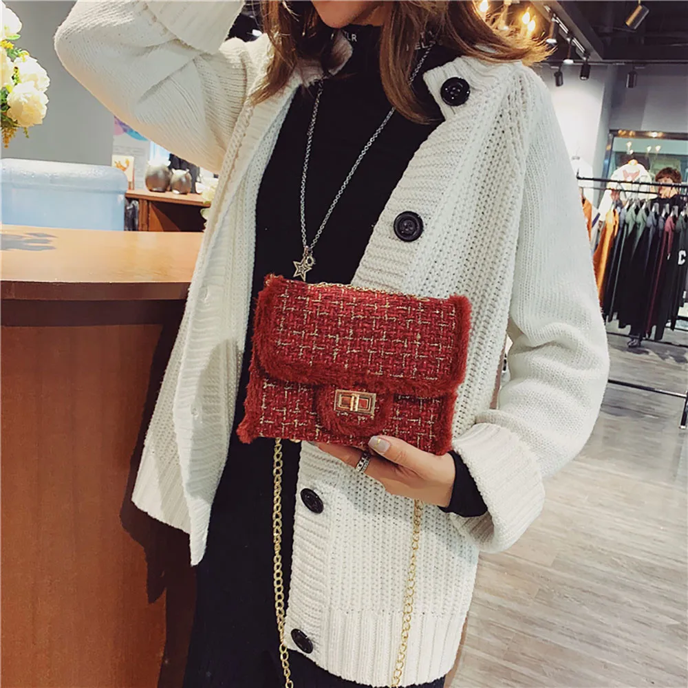 Women Plush Wool Bag Chain Single Shoulder Designer Bag Silver Crossbody Bags For Women Shoulder Bags Slanting Small
