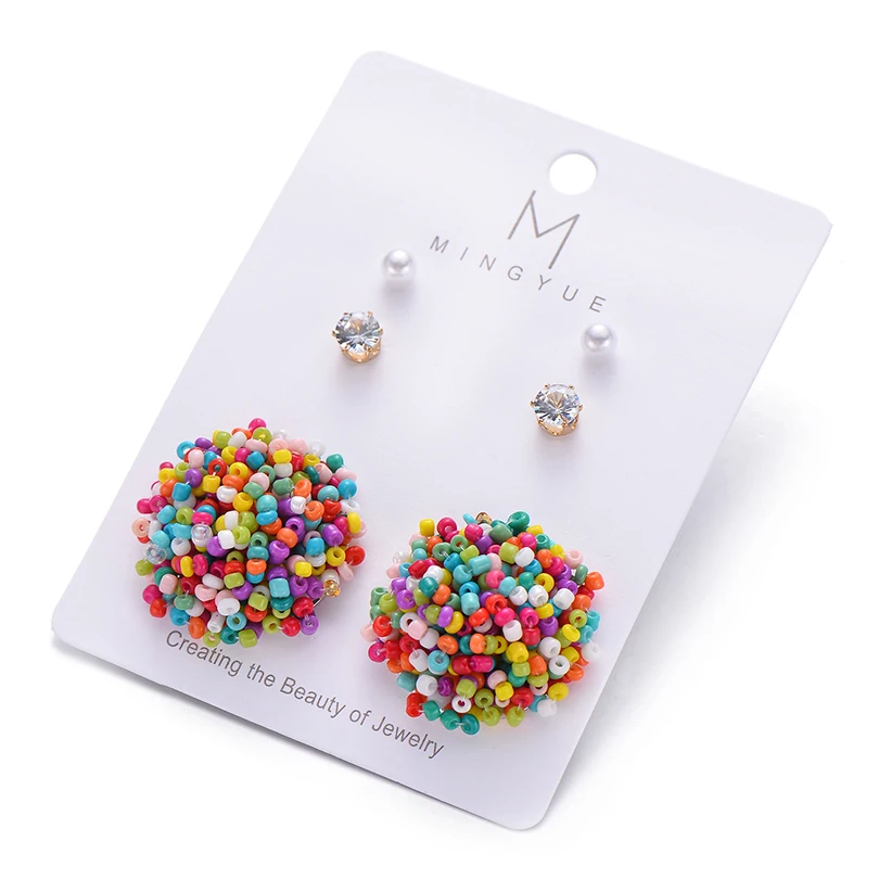 

Summer Style Multicolor Beads Punk Stud Earrings For Women Bohemia Crystal Round Geometric Earring Set Fashion Pearl Jewelry