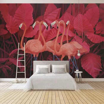 

Custom Self-Adhesive Wallpaper Modern Red Tropical Plant Leaf Birds Photo Wall Murals Living Room TV Sofa Home Decor PVC Sticker