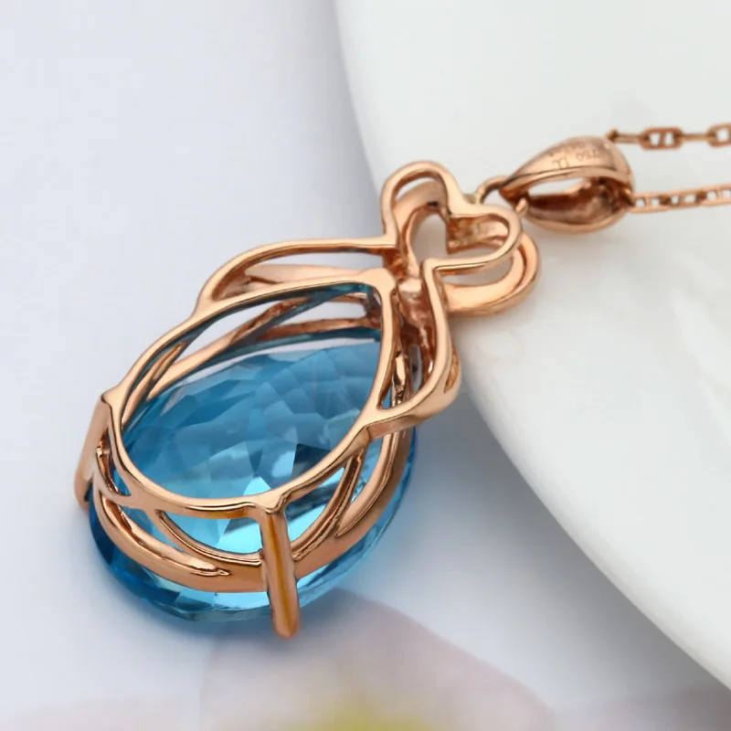 Natural Sapphire 14K Rose Gold Necklace Pendant for Women Bohemia Wedding White Topaz Pure Pendants Fine Fashion Jewelry Luxury pendant necklace gold necklace