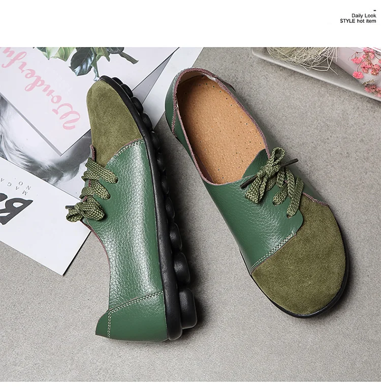 New Women Shoes 2021 Spring Genuine Leather Moccasins Flats Shoes Woman Lace-Up Casual Ladies Driving Shoes Plus Size 35-44