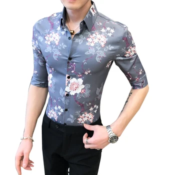 

British Style Stylish Print Shirts For Men Summer 2020 Slim Fit Casual Gray Shirts For Men Streetwear Prom Tuxedo Dress Men 3XL