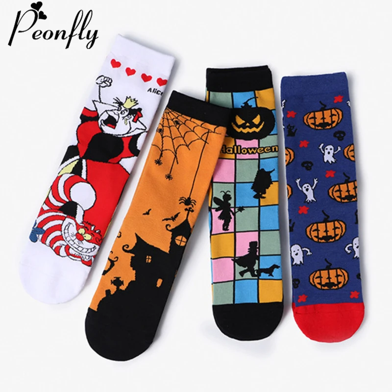 Пеонфлай красочные чёсаные хлопковые носки женские Тыква Призрак Череп узор Хэллоуин счастливые носки новинка скейтборд повседневные носки