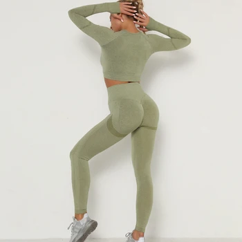 Women Sport Suit Yoga Clothing Set Workout Gym Long Sleeve Fitness Crop Top + High Waist Seamless Energy Workout Leggins 4