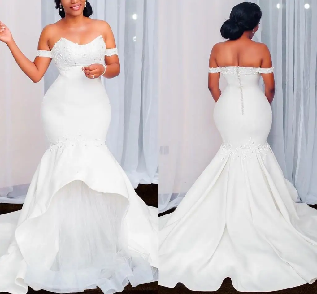 

Arabic Mermaid Wedding Dresses Applique Beaded Bridal Gowns Off The Shoulder Satin Plus Size Zip Back Sweep Train Robe De Marria
