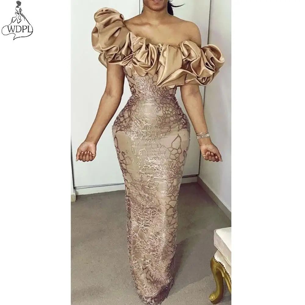 

Brown Gold Mermaid Prom Dresses African Nigeria Slash Neck Lace Evening Dress Plus Size Formal Party Gowns robe de soiree