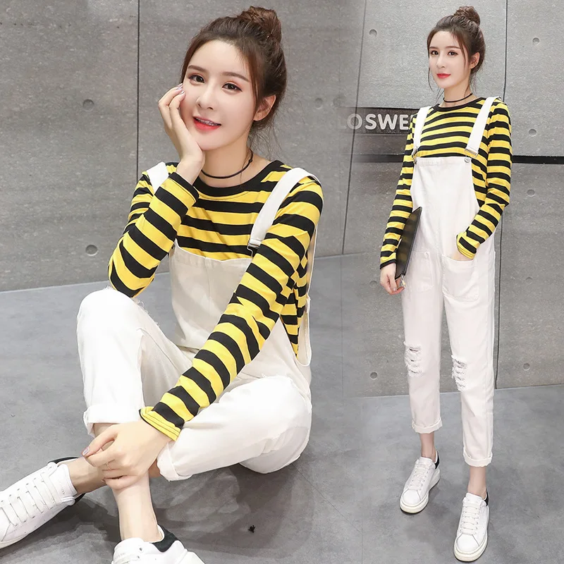 

2018 Autumn And Winter New Style Two-Piece Set Cotton Mixed Black And Yellow Stripes T-shirt Loose-Fit Frayed Cowboy Suspender P