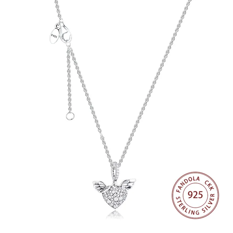 Ожерелье с подвеской в виде крыльев Ангела и сердца, 925 пробы, серебряные ожерелья для женщин, модные ювелирные изделия, колье, женские аксессуары