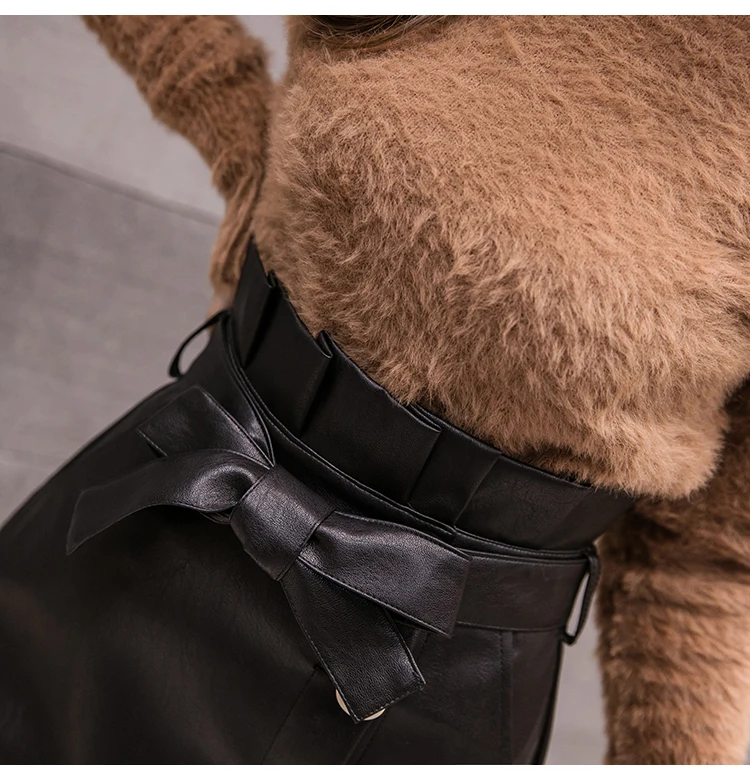 Women's PU leather Skirt Ruffled High Waist Package Hip Slim Mini Skirts Autumn Winter Clothes Front Buttons Split Faldas