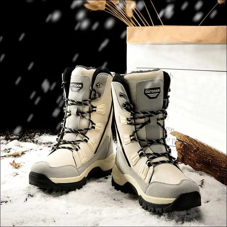 Зимние ботинки женская походная обувь водонепроницаемые зимние ботинки на меху зимняя обувь нескользящие уличные женские ботинки на платформе теплая - Цвет: Бежевый