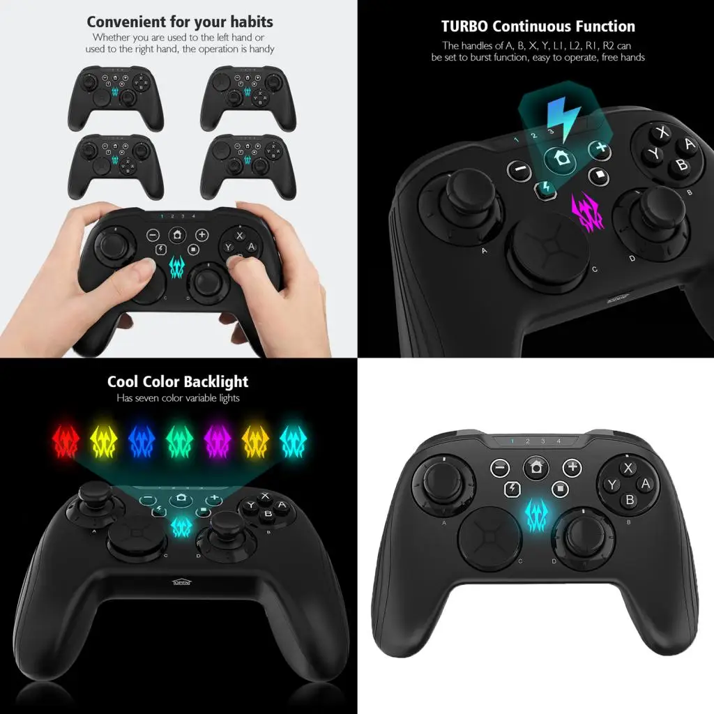 Game Controller Wireless Joystick Gamepad with Seven Variable Color Backlights for N-Switch with Data Cable, Black
