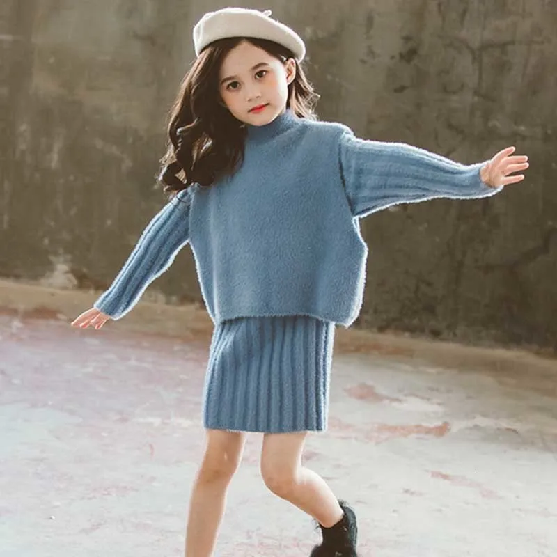

2019 Autumn Winter Girl Knitting 2 Pieces Clothing Sets Teen Children Dress Suit Sweater Dresses Girls Baby Kids Casual Knitted