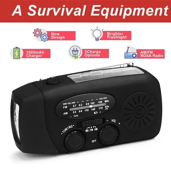

3 LED Lights Flashlight Hand Crank Radio, Portable Solar Radio M/FM NOAA Weather Radio, 1000mAh Power Bank USB Charger