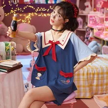 Korean Sweet Girly Style Short Sleeves with Shorts Ladies Pajamas Cute Casual Cotton Home Wear Pajamas Women Suits