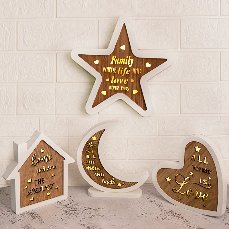 

LED Moon/Heart Night Light Wooden Table Wall Decor Night Lamp for Children Gift Bedside Bedroom Living Room Indoor Lighting