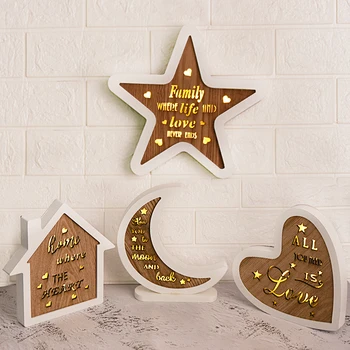 

LED Moon/Heart Night Light Wooden Table Wall Decor Night Lamp for Children Gift Bedside Bedroom Living Room Indoor Lighting