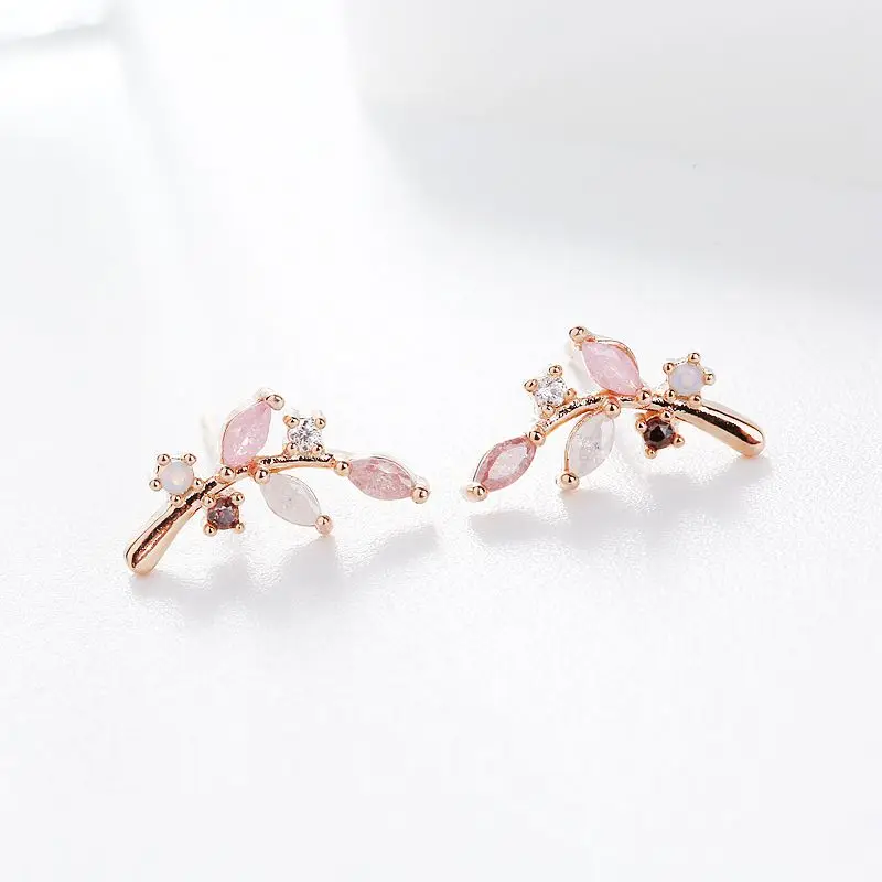 Изысканный корейский стиль гвоздик в виде веточки золотые, розовые серьги цвет кубического циркония серьги для женщин девушки подарок ювелирные изделия