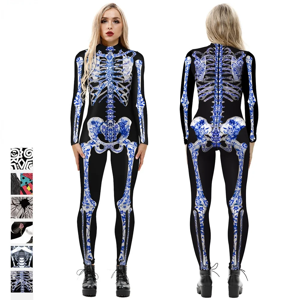 New Halloween Costume for Women Bodysuit Skeleton Digital Printing Women's Cosplay Skull Jumpsuit Fetish Wear | Тематическая