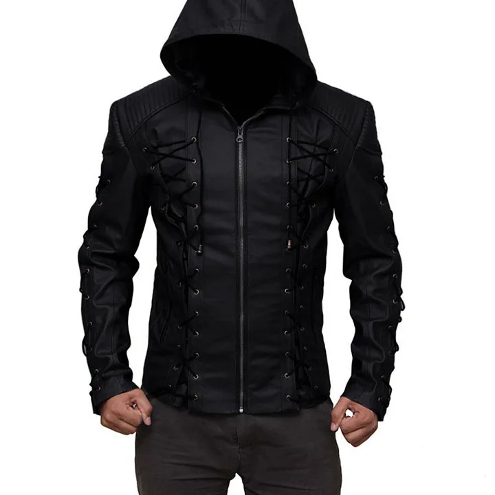 KIOVNO мужские модные кожаные куртки и пальто с шнурком байкерские куртки с капюшоном из искусственной кожи для мужчин - Цвет: A