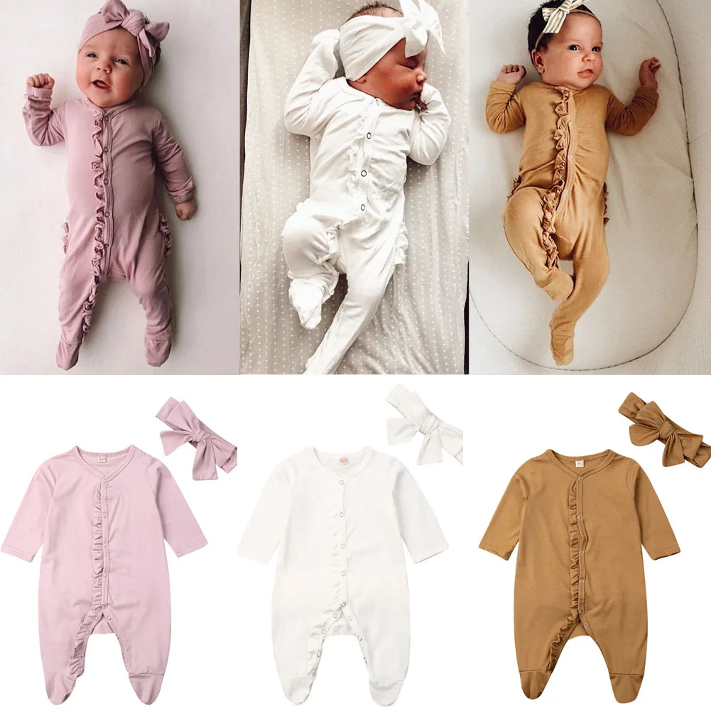 Коллекция года, Одежда для новорожденных и маленьких девочек и мальчиков однотонный хлопковый комбинезон с длинными рукавами и оборками+ повязка на голову, комплект из 2 предметов для детей возрастом от 0 до 24 месяцев