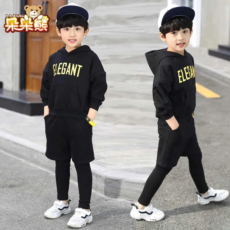 

BOY'S Autumn Clothing New Style Sports 2019 Set Solid Color Hoodie Two-Piece Set Spring And Autumn Big Boy Korean-style Fashion