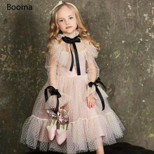 Polka Dots Tulle Flower Girl Dresses High Neck Long Poet Sleeves Girls Wedding Party Dresses Ribbons Ruffles Communion Dresses