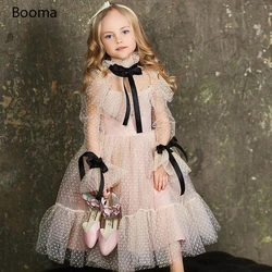 Polka Dots Tulle Flower Girl Dresses High Neck Long Poet Sleeves Girls Wedding Party Dresses Ribbons Ruffles Communion Dresses