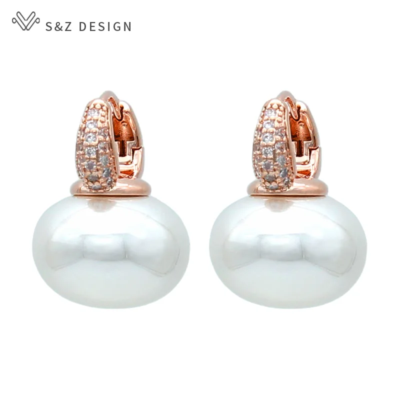S&Z DESIGN New Fashion Bread Round Big Pearl Dangle Earrings For Women Wedding Jewelry Gift Temperament Cubic Zirconia Eardrop