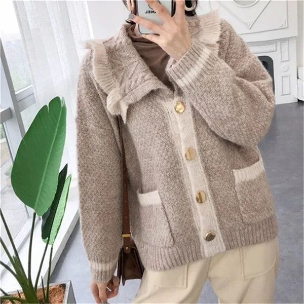 RUGOD корейский стиль Шикарный винтажный вязаный кардиган с отложным воротником воротник в виде листа лотоса свитер куртка Зимние Топы для женщин - Цвет: Коричневый
