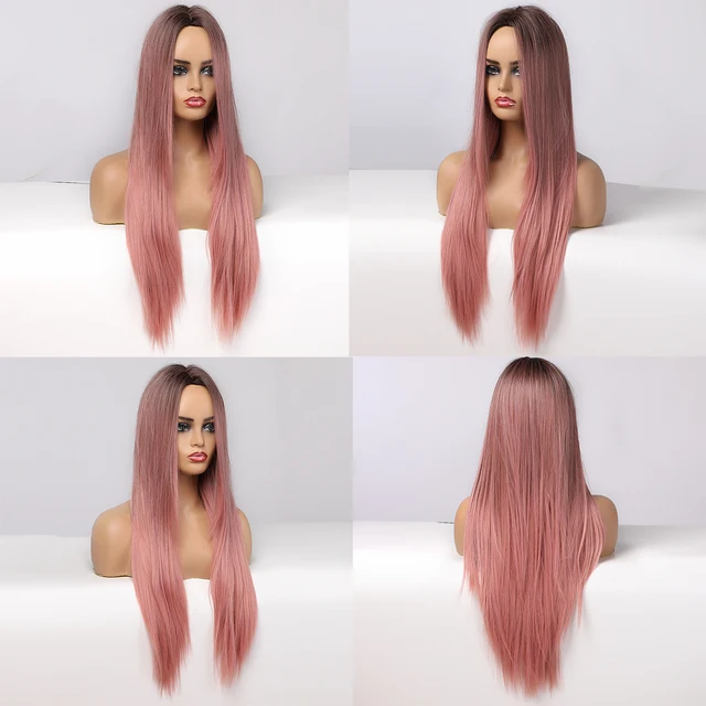 ALAN EATON Long Wavy Synthetic Wigs Ombre Black Pink Wigs for Women Cosplay Natural Middle Part Hair Wig High Temperature Fiber 5