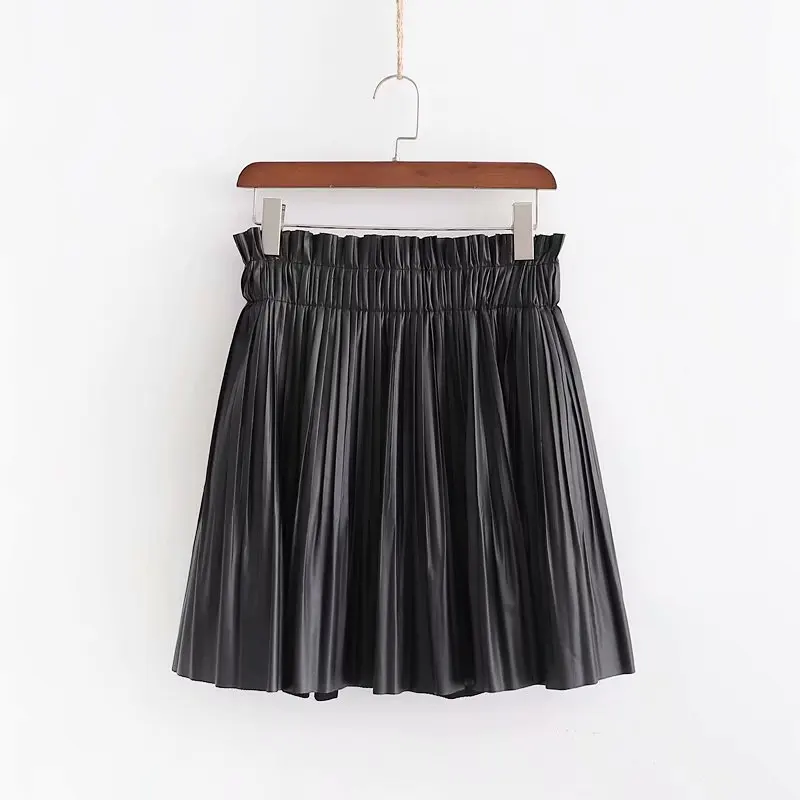 Винтажная юбка черная юбка из искусственной кожи Модная эластичная плиссированная юбка с высокой талией mujer moda XDWM2553