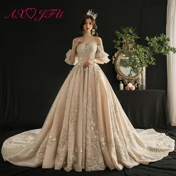 

AXJFU Luxury princes champagne lace wedding dress vintage boat neck beading crystal flare sleeve wedding dress 100% real photo