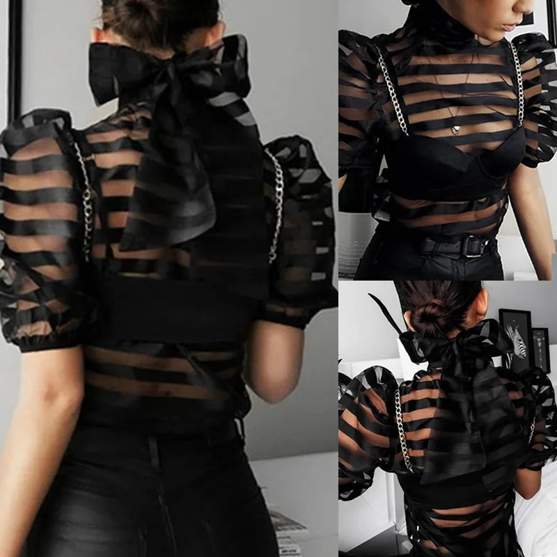 Elegant OL Women Mesh Sheer Back Bow Striped Puff Sleeve Shirt Blouse See Through Short Sleeve Party Clubwear Evening Tops Shirt Elegant OL Women Mesh Sheer Back Bow Striped Puff Sleeve Shirt Blouse See Through Short Sleeve Party Clubwear Evening Tops Shirt