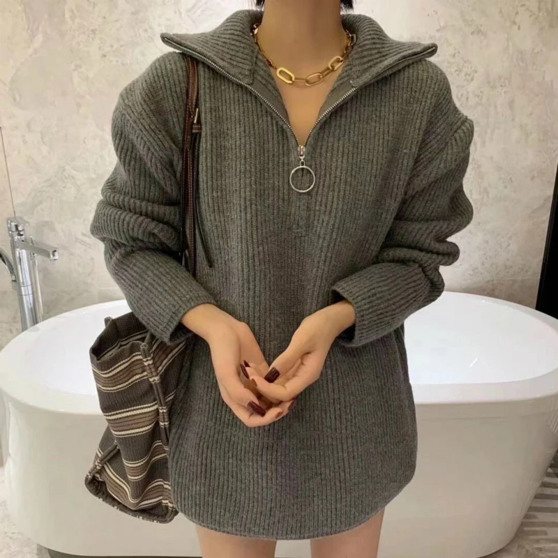 

Women Autumn Winter Zipper Turtleneck Oversize Sweater Full Sleeve Knitted Pullovers Casual Jumper