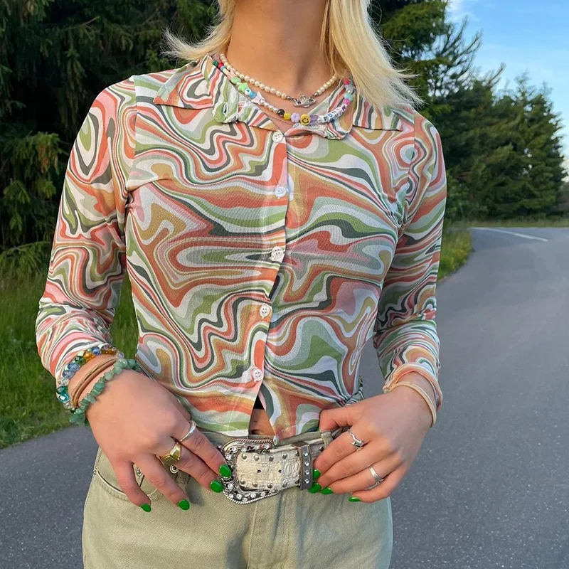 

New women net gauze printing turn-down collar casual short section long-sleeved button-down shirt