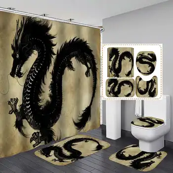 

Black Dragon Polyester Fabric Shower Curtain Non-Slip Bath Mat Toilet Cover Rugs Oriental Art Home Bathroom Decor Set