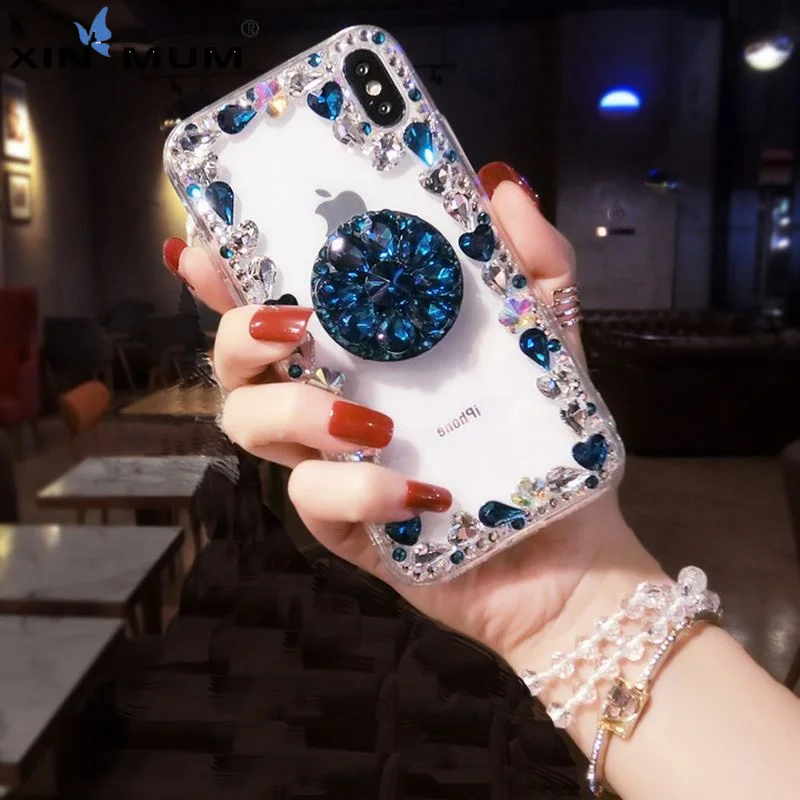 

3D Holder Stand Transparent Phone Case for Iphone X XR XS MAX 7 8 6S Plus for Samsung S8 S9 S10 E Note Glitter Diamond Cover