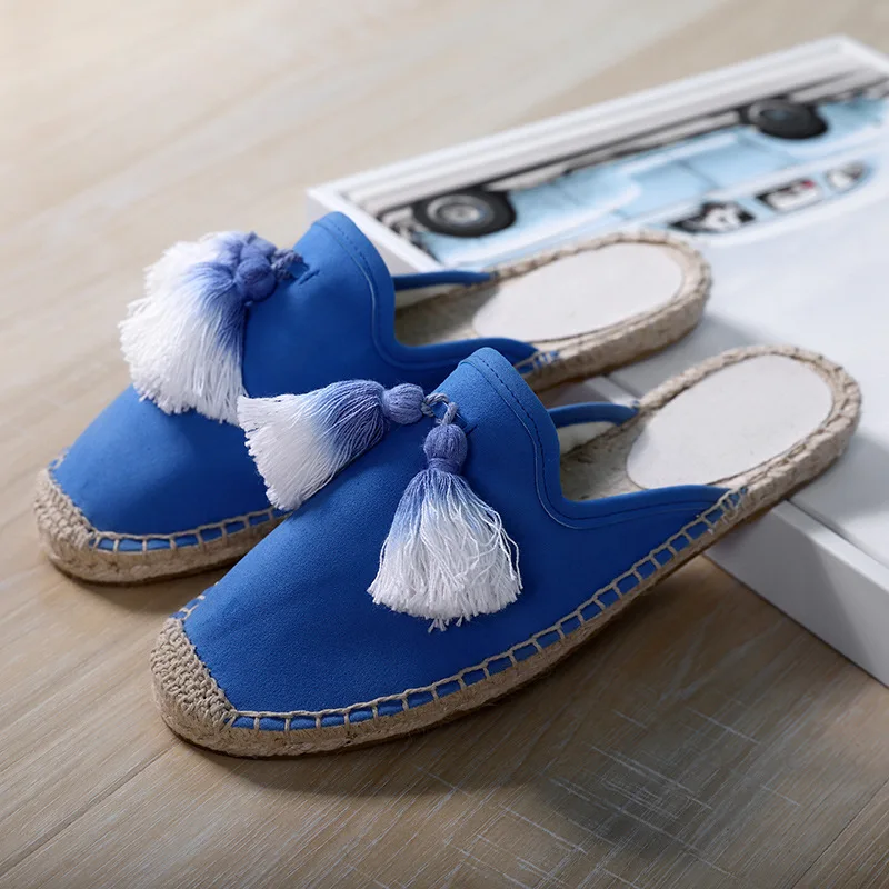 

Espadrilles Women Tassel Flats Latest Suede Slippers Round Toe Hemp Fringe Mules Sandals Blue Shoes Fisherman slippers hjm7