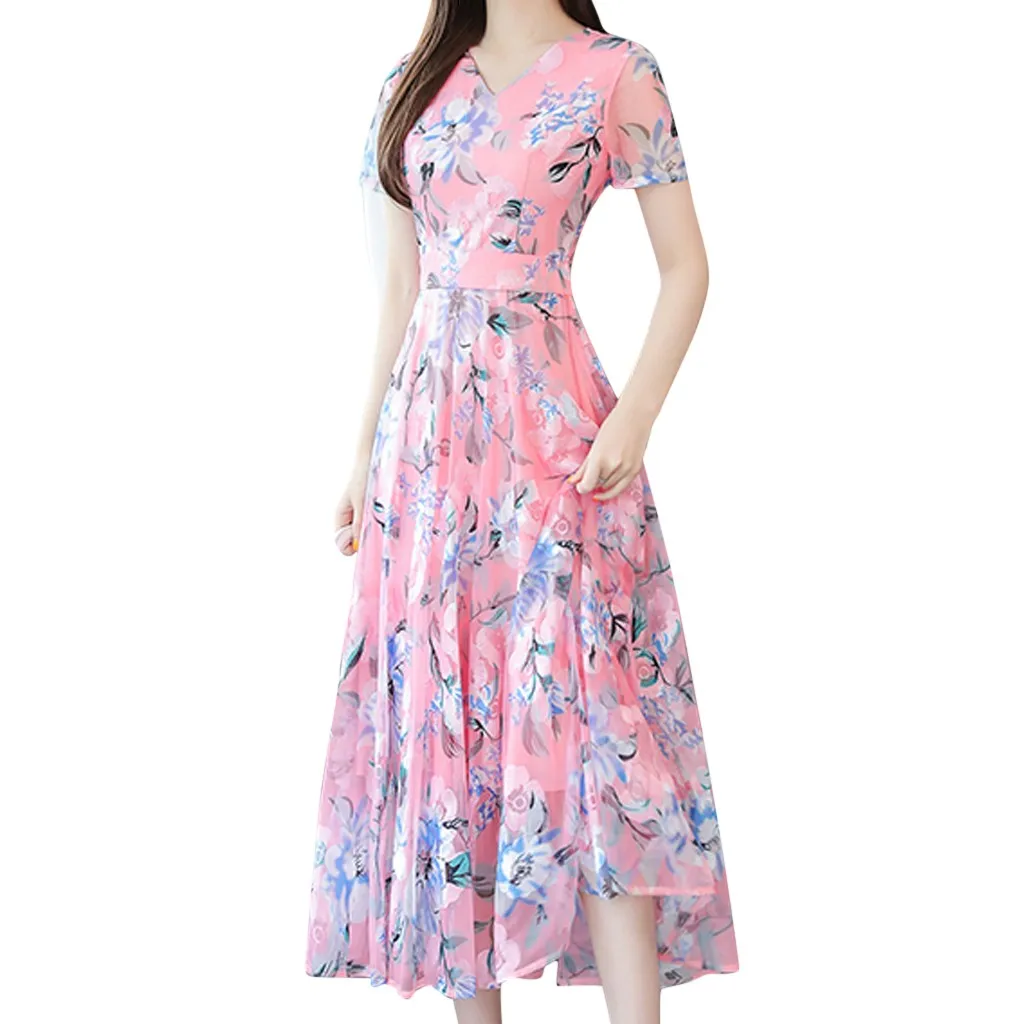 

Sexy Midi Dress Women Summer Autumn Elegant Vintage Beach Dress 2019 Women Floral Print Short Sleeve Dresses Plus Size 3xl