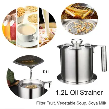 

1Pcs 1.2L/1.8L Silver Stainless Steel Oil Strainer Jar Kitchen Can Pot Ute Oil Pan Pot With Cooking Oil Filter Container St D4G3