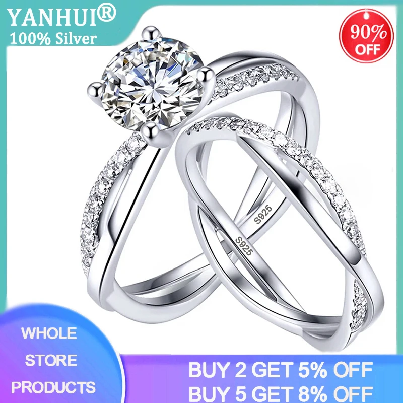 

YANHUI New Fashion Women Ring Set Silver 925 Jewelry 1.0ct Zirconia Diamond Wedding Band Eternity Stacking Ring Anniversary Gift