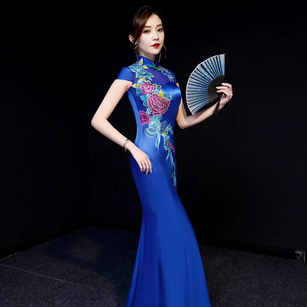 Благородные Русалка Леди Qipao сверкающие бусины Cheongsam винтаж Embroidrey цветок вечернее платье плюс размер 3XL Vestidos De Festa - Цвет: Blue